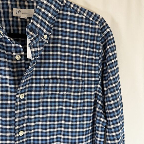 New Gap Button Up Shirt Men's Medium Blue White Plaid Standard Fit Stretch - Picture 4 of 11